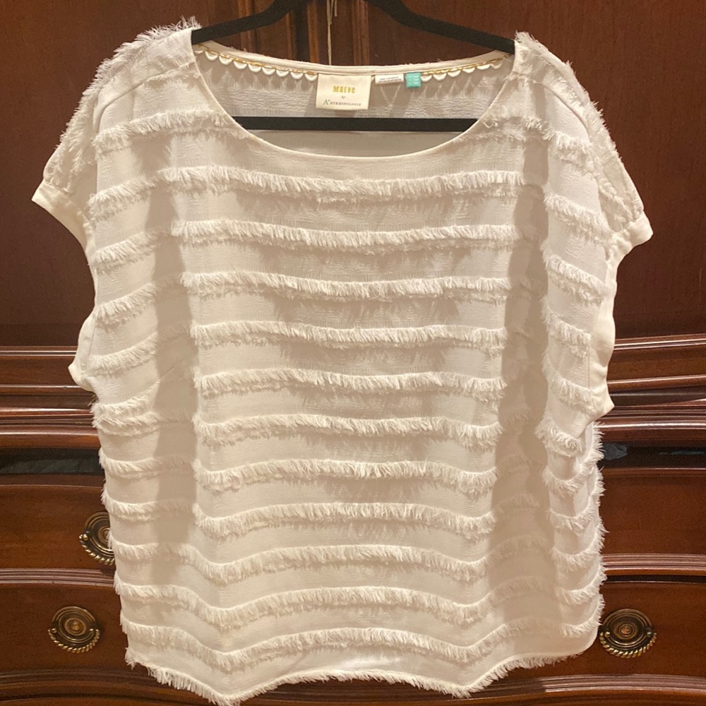 Maeve by Anthropologie Womens Plus 18W xl oversize cream top fringe short sleeve
